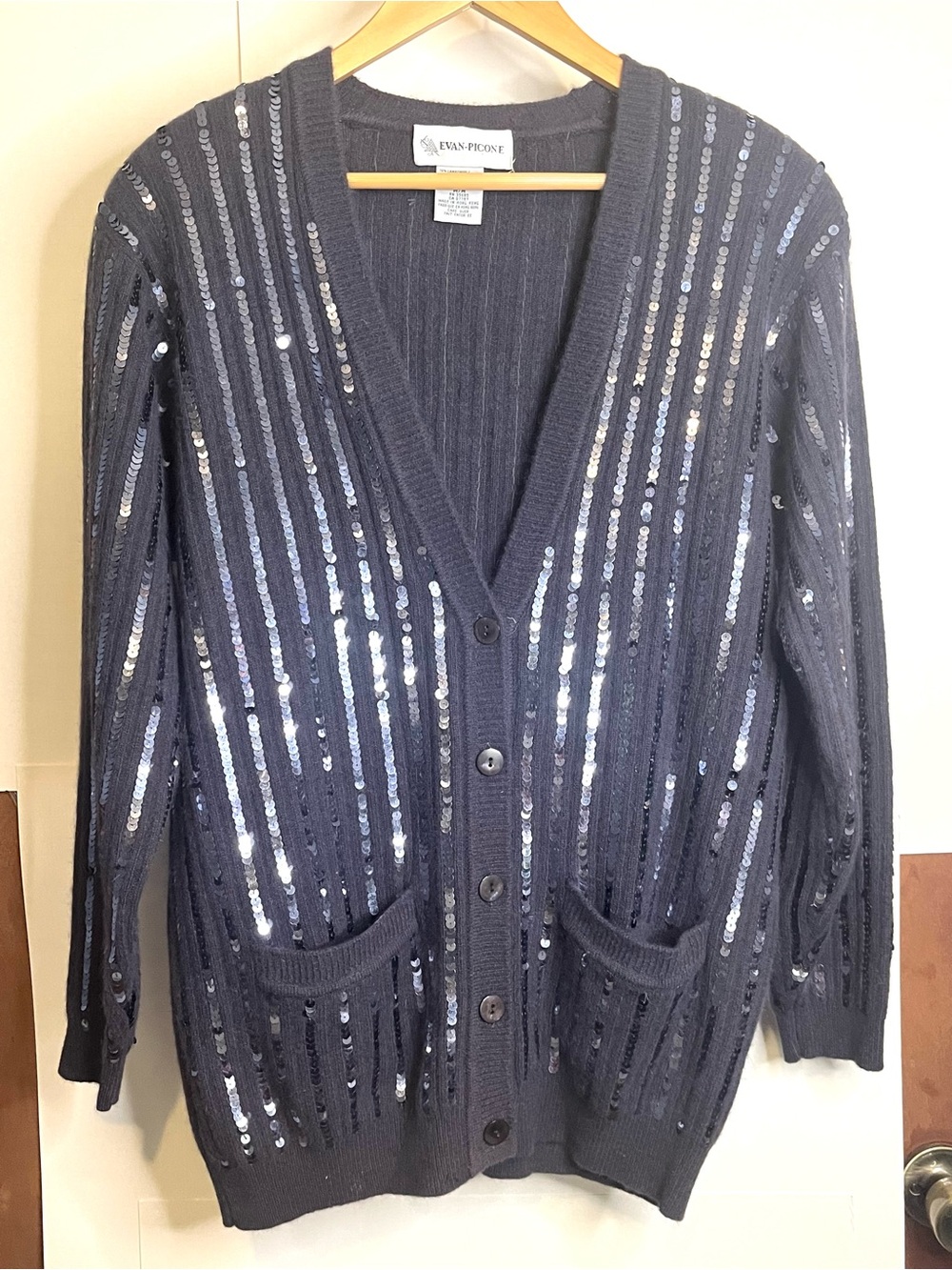 Evan Picone (VTG M, Fits S) Navy Lambswool Angora Blend Sequin Cardigan Sweater
